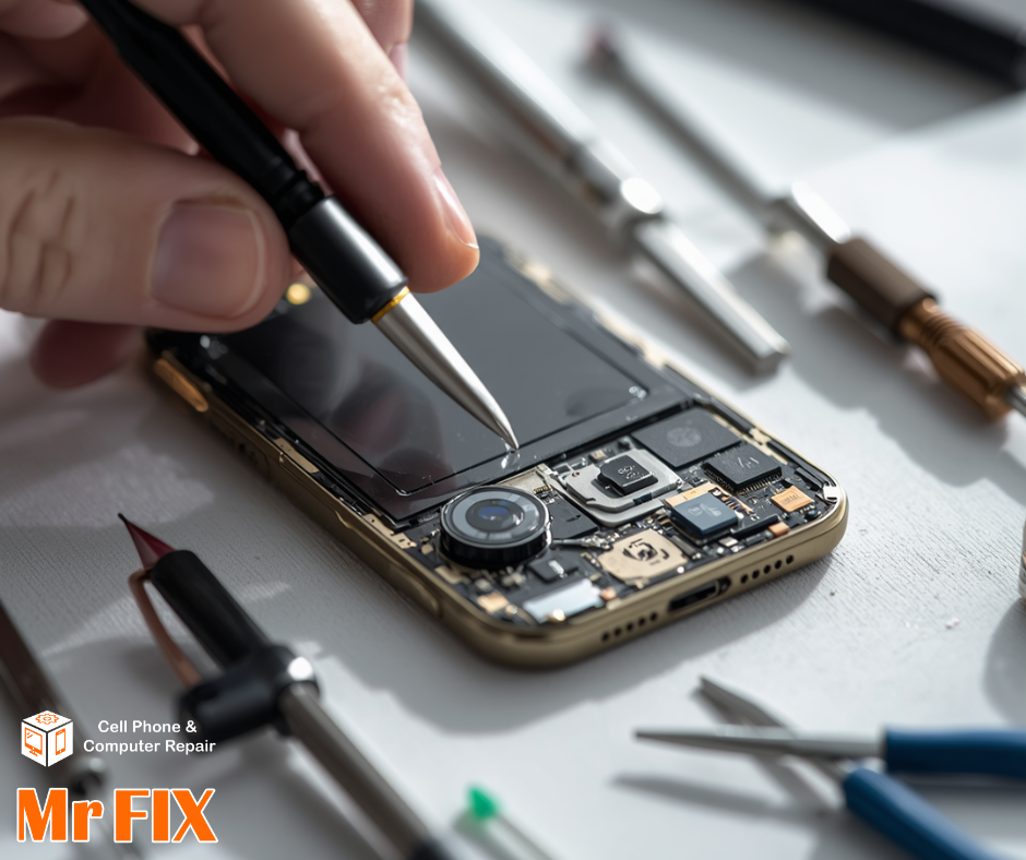 alt="Mr Fix technician repairing an iPhone front camera and microphone"