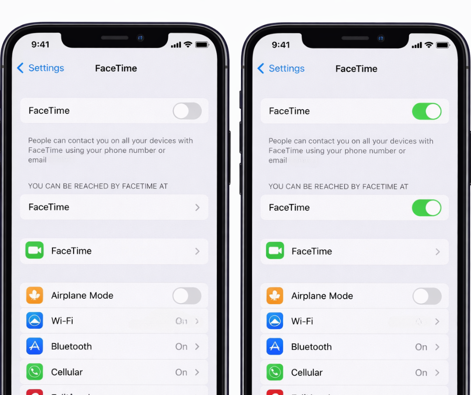  alt="iOS settings screen showing how to turn FaceTime off and on"