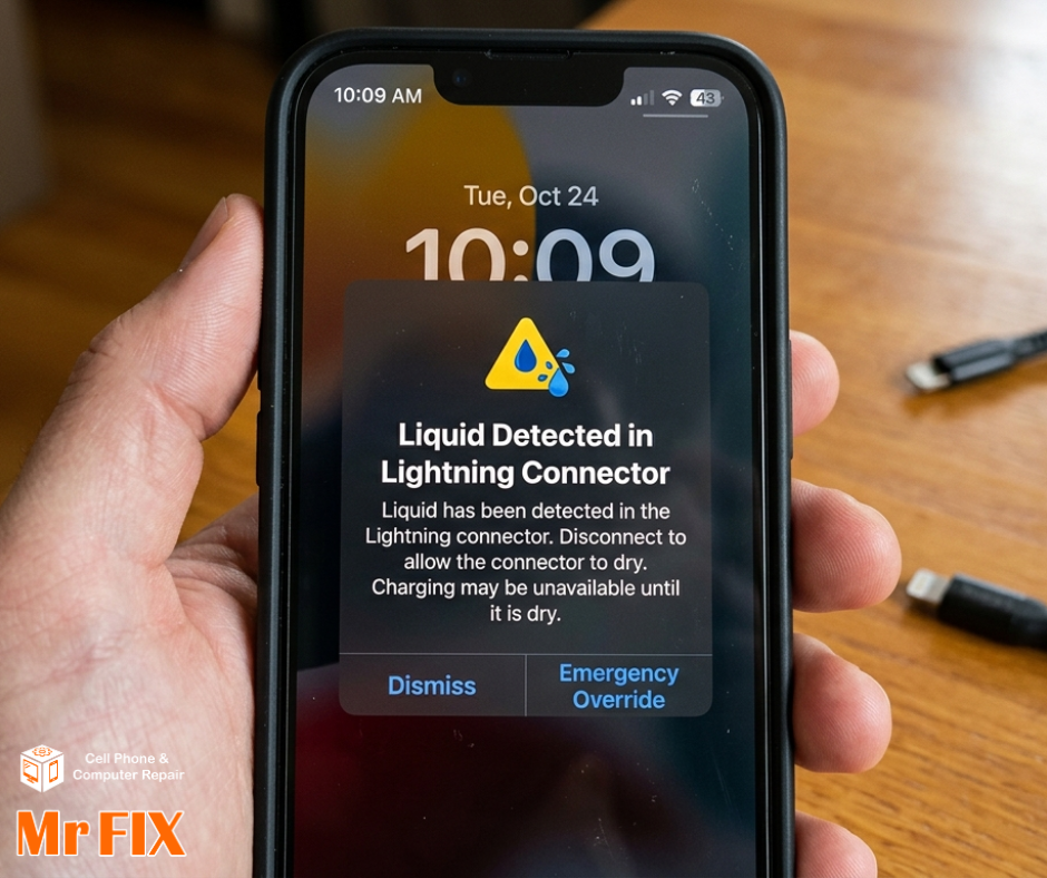 iPhone screen showing the Liquid Detected in Lightning Connector warning