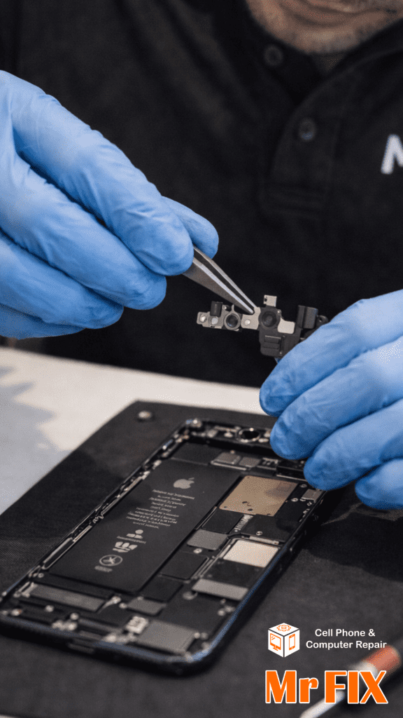 alt="Mr Fix technician repairing an iPhone TrueDepth camera and Face ID module"