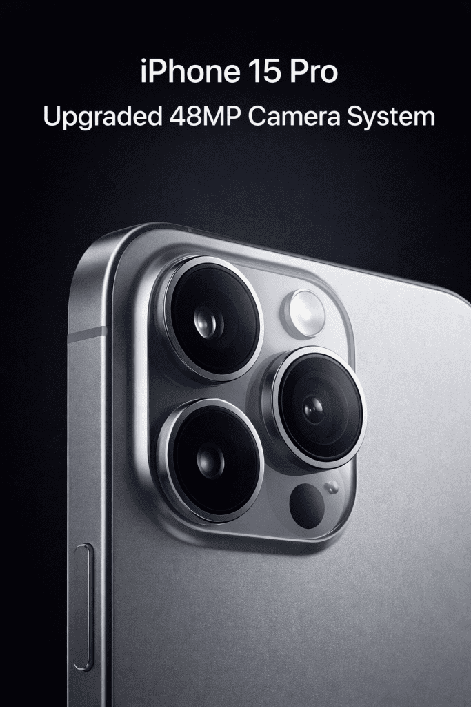 alt="iPhone 15 Pro upgraded 48MP camera system"